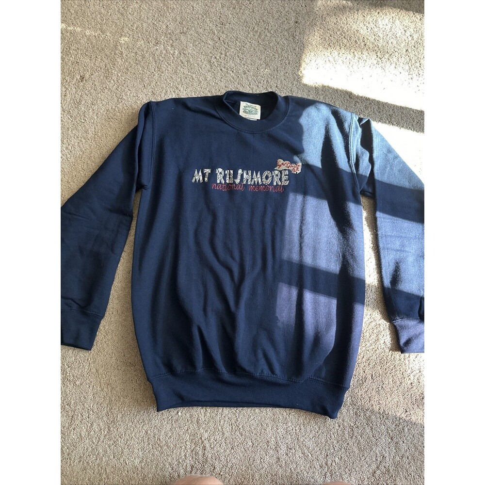 Vintage Fred Harvey 90s Mount Rushmore Y2K Sweater Stitched Navy Blue Small